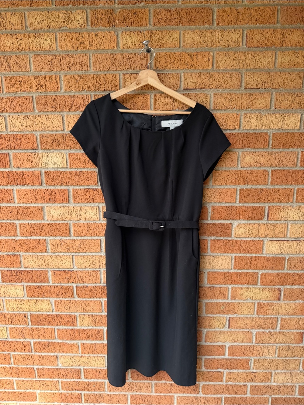 Merona Black Belted Midi Dress Short Sleeve Pleated Neck Pockets Size 16